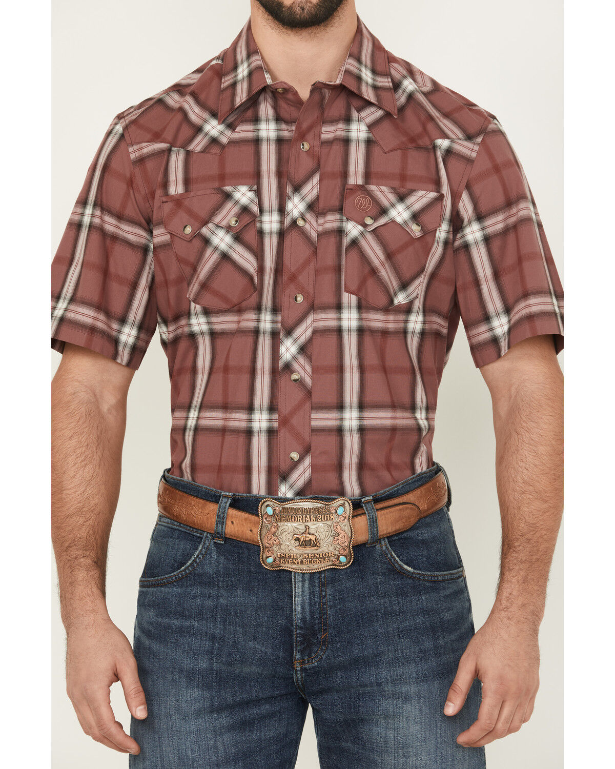 Image #3 - Wrangler Retro Men's Plaid Print Short Sleeve Snap Western Shirt, Burgundy, hi-res