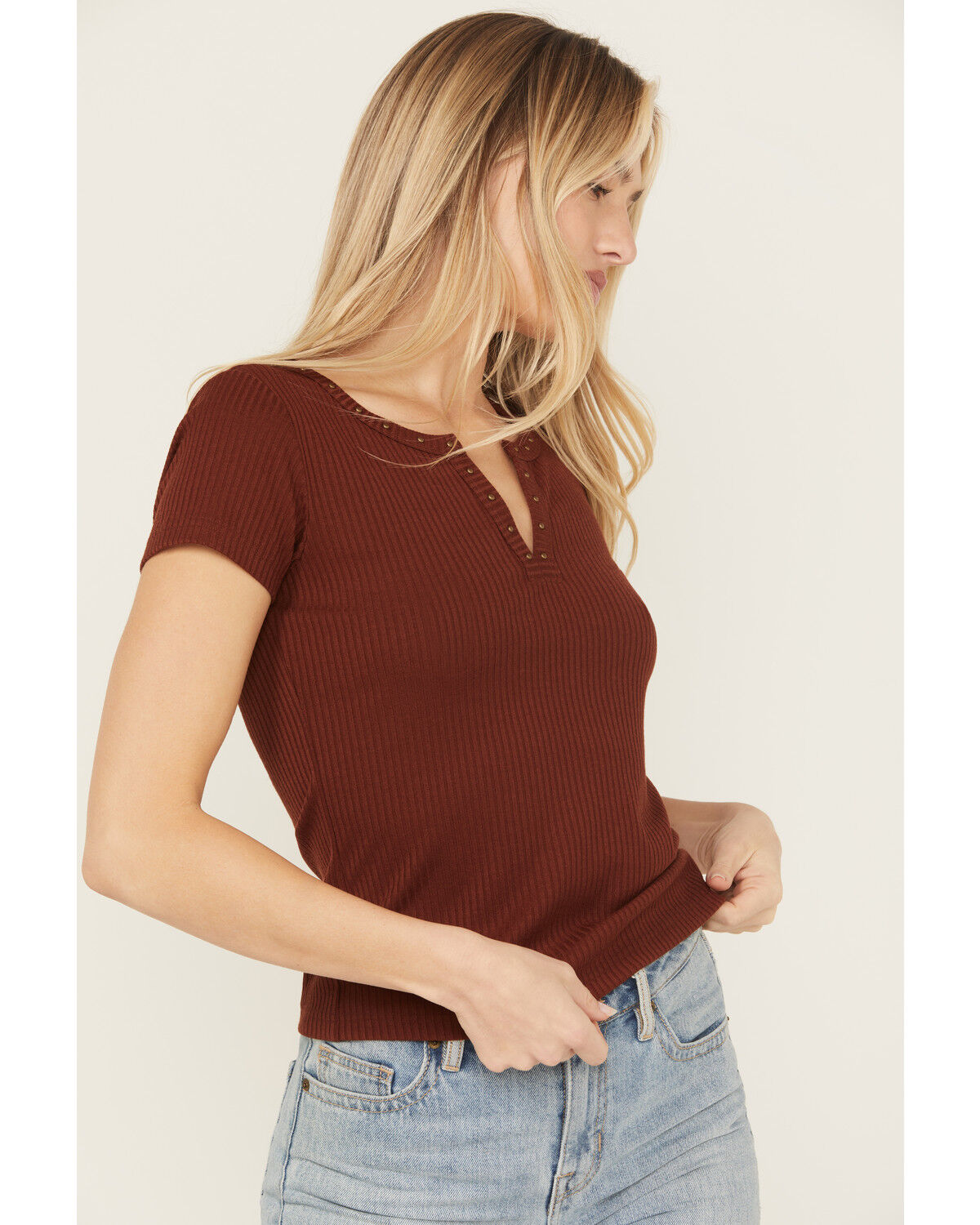 Image #2 - Shyanne Women's Studded Rib Knit V-Neck Top, Mahogany, hi-res