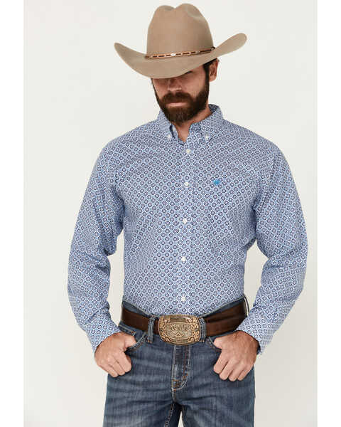 Ariat Men's Perry Mini Medallion Print Long Sleeve Button-Down Western Shirt - Tall , Blue, hi-res