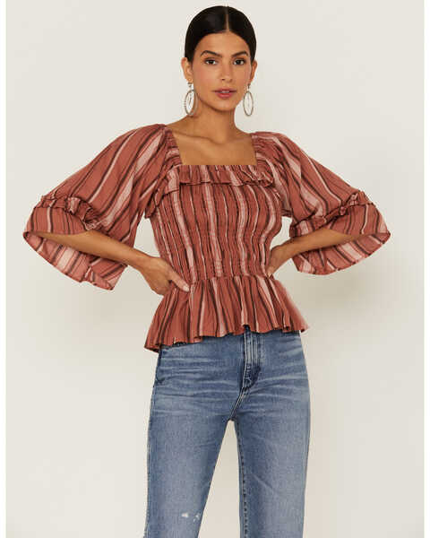 Angie Women's Rust Stripe Smocked Square Neck Peasant Top, Rust Copper, hi-res