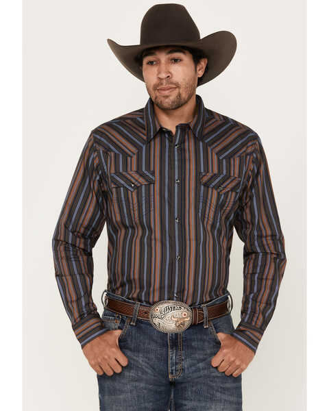 Cody James Men's Finals Day Striped Long Sleeve Western Snap Shirt, Navy, hi-res