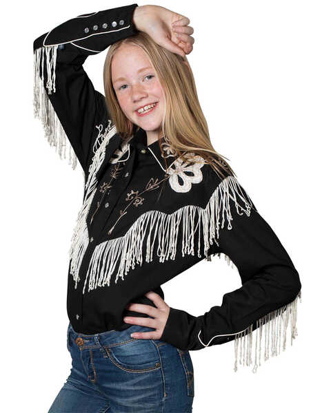 Image #1 - Rockmount Ranchwear Girls' Embroidered Vintage Fringe Long Sleeve Pearl Snap Western Shirt, Black, hi-res