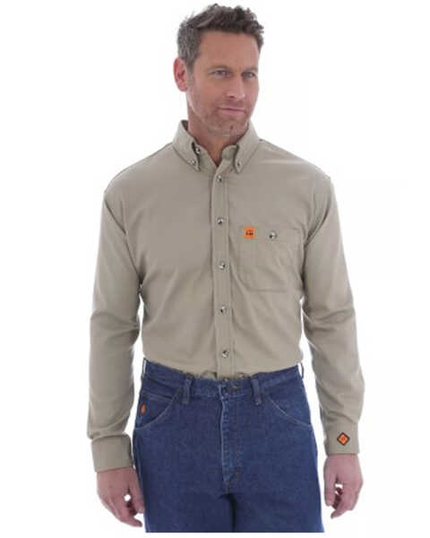 Image #1 - Wrangler FR Riggs Men's Solid Khaki Long Sleeve Button-Down Work Shirt , Beige/khaki, hi-res