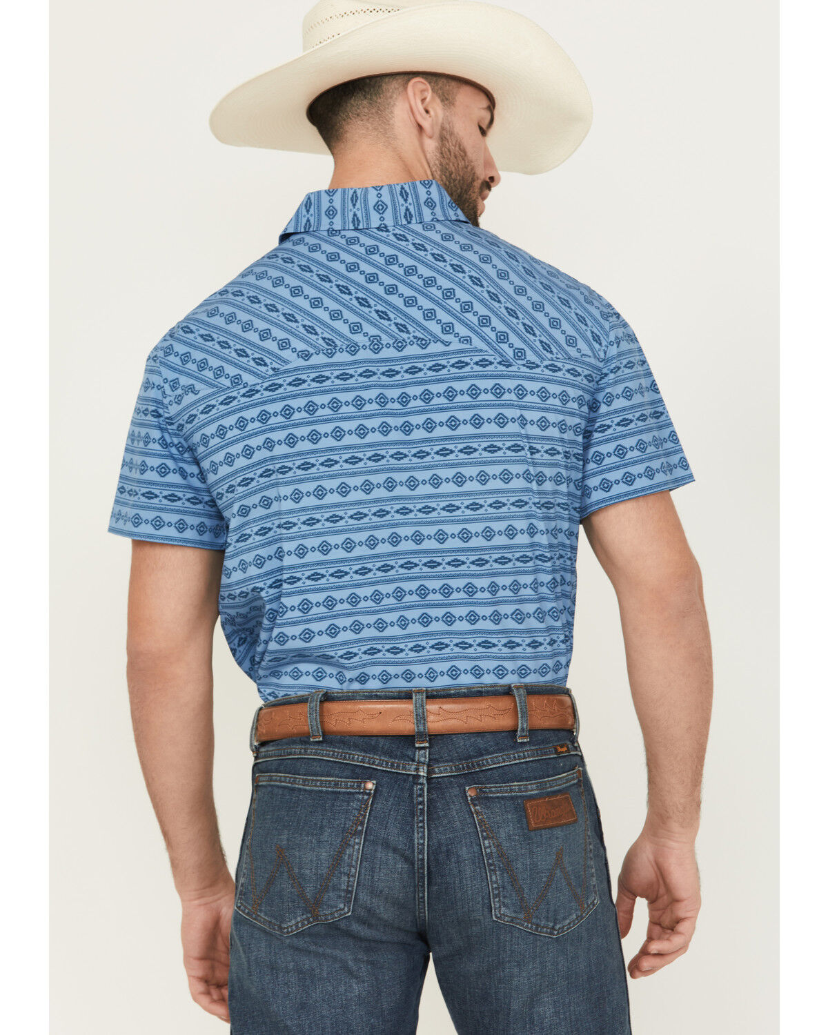 Image #4 - Panhandle Men's Southwestern Print Short Sleeve Snap Performance Western Shirt, Blue, hi-res