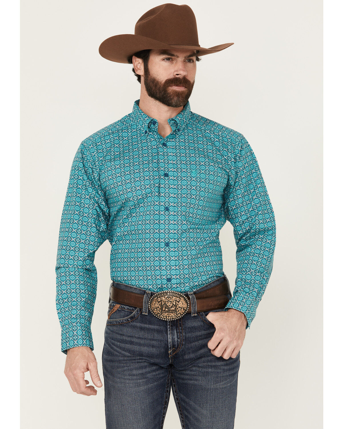 Image #1 - Ariat Men's Jordy Medallion Print Long Sleeve Button-Down Western Shirt, Turquoise, hi-res