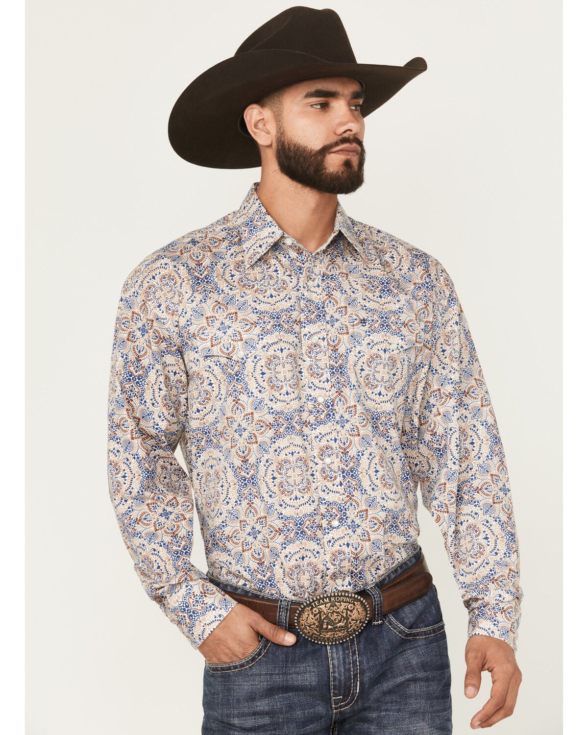 Stetson Men's Medallion Print Long Sleeve Snap Western Shirt, Blue, hi-res