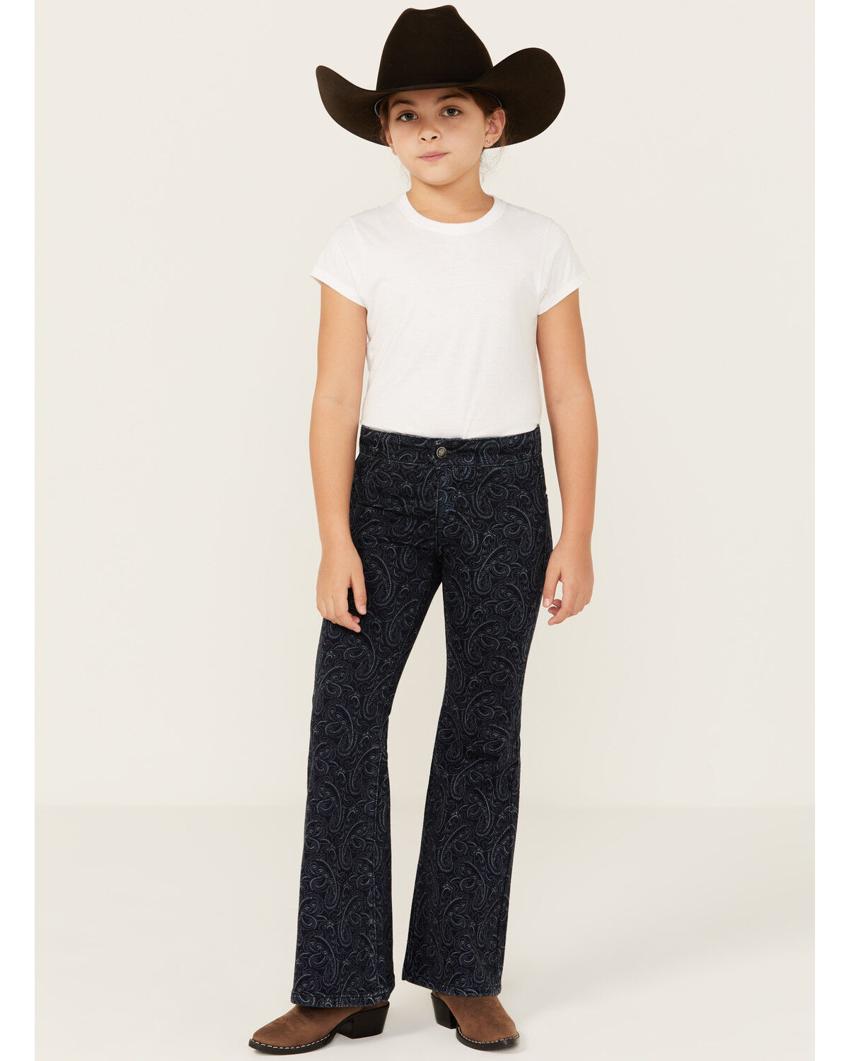 Image #1 - Rock & Roll Denim Girls' Dark Wash Paisley Print Button Stretch Flare Jeans, Blue, hi-res