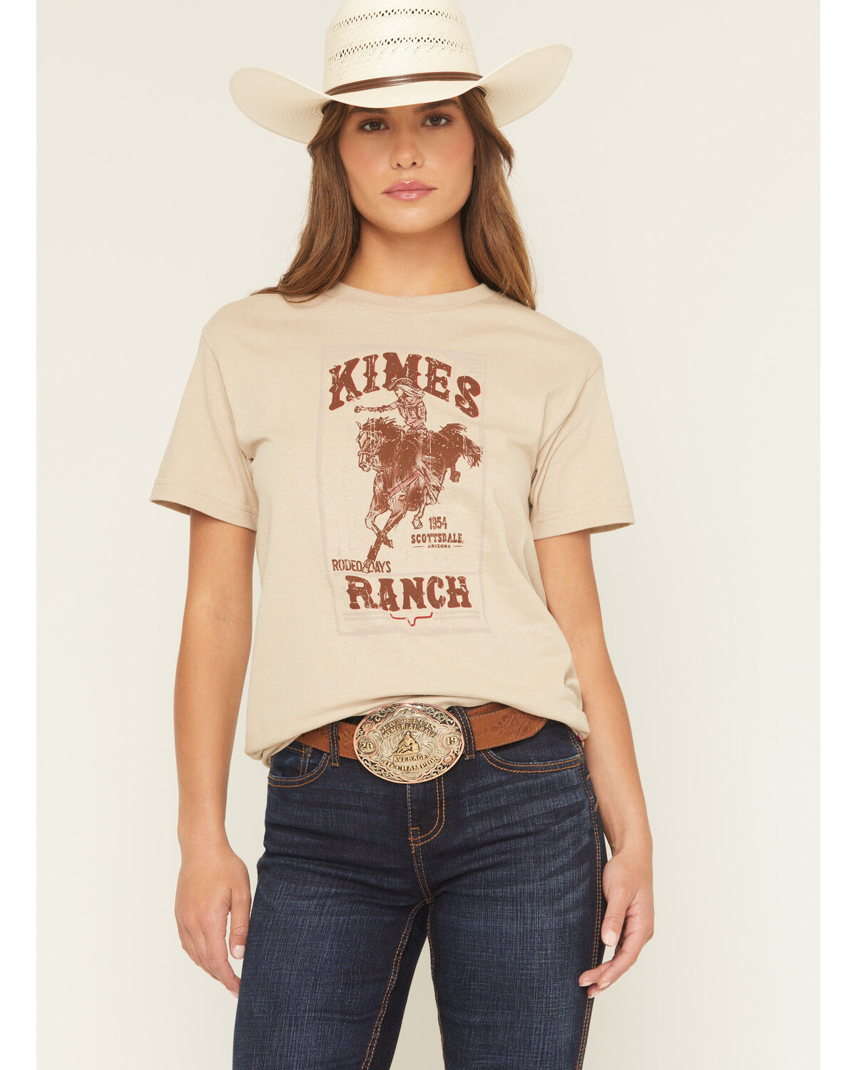 Image #1 - Kimes Ranch Women's Bronco Logo Short Sleeve Graphic Tee, Sand, hi-res