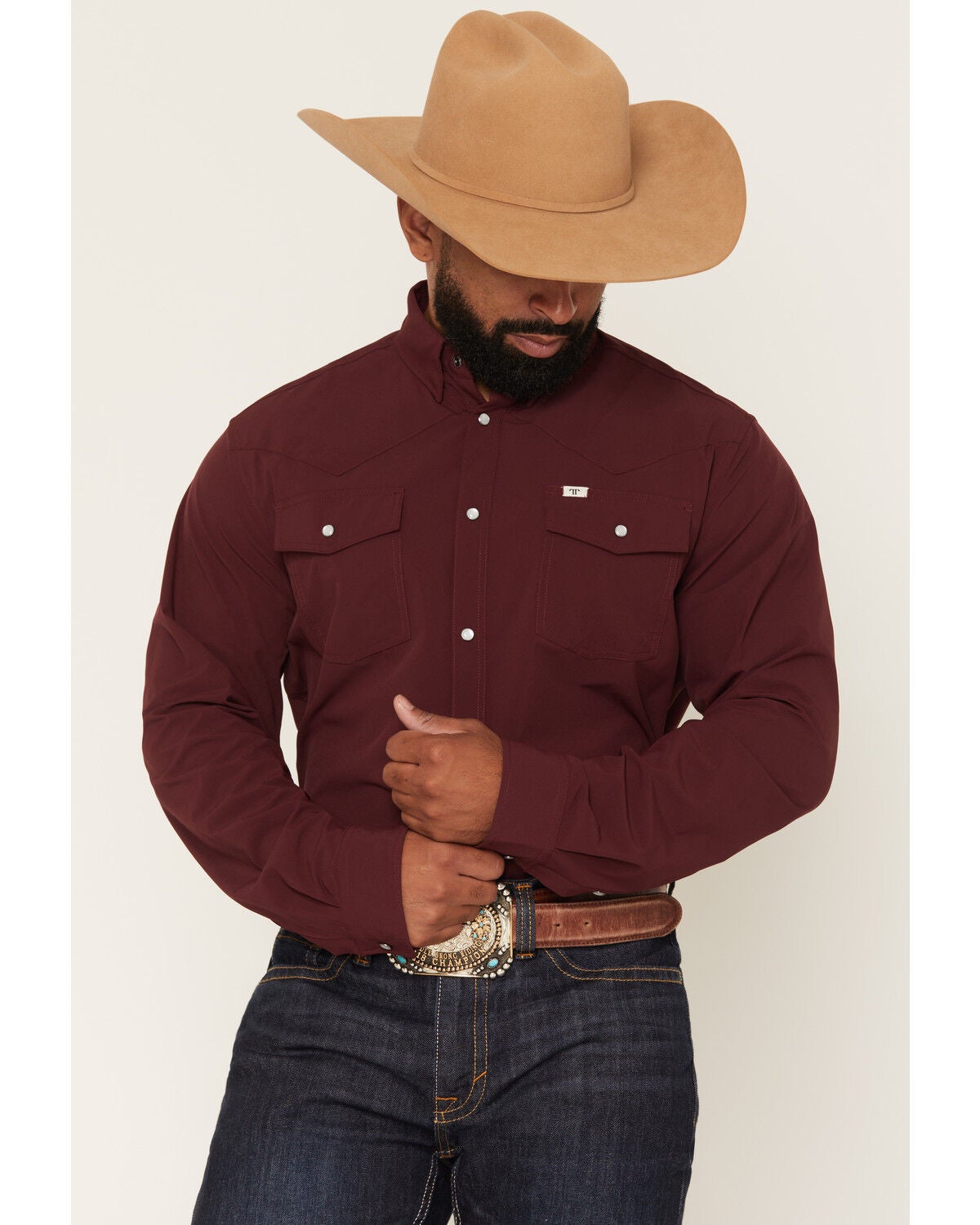 Ferrell Men's Tek Solid Short Sleeve Pearl Snap Stretch Performance Western Shirt, Maroon, hi-res