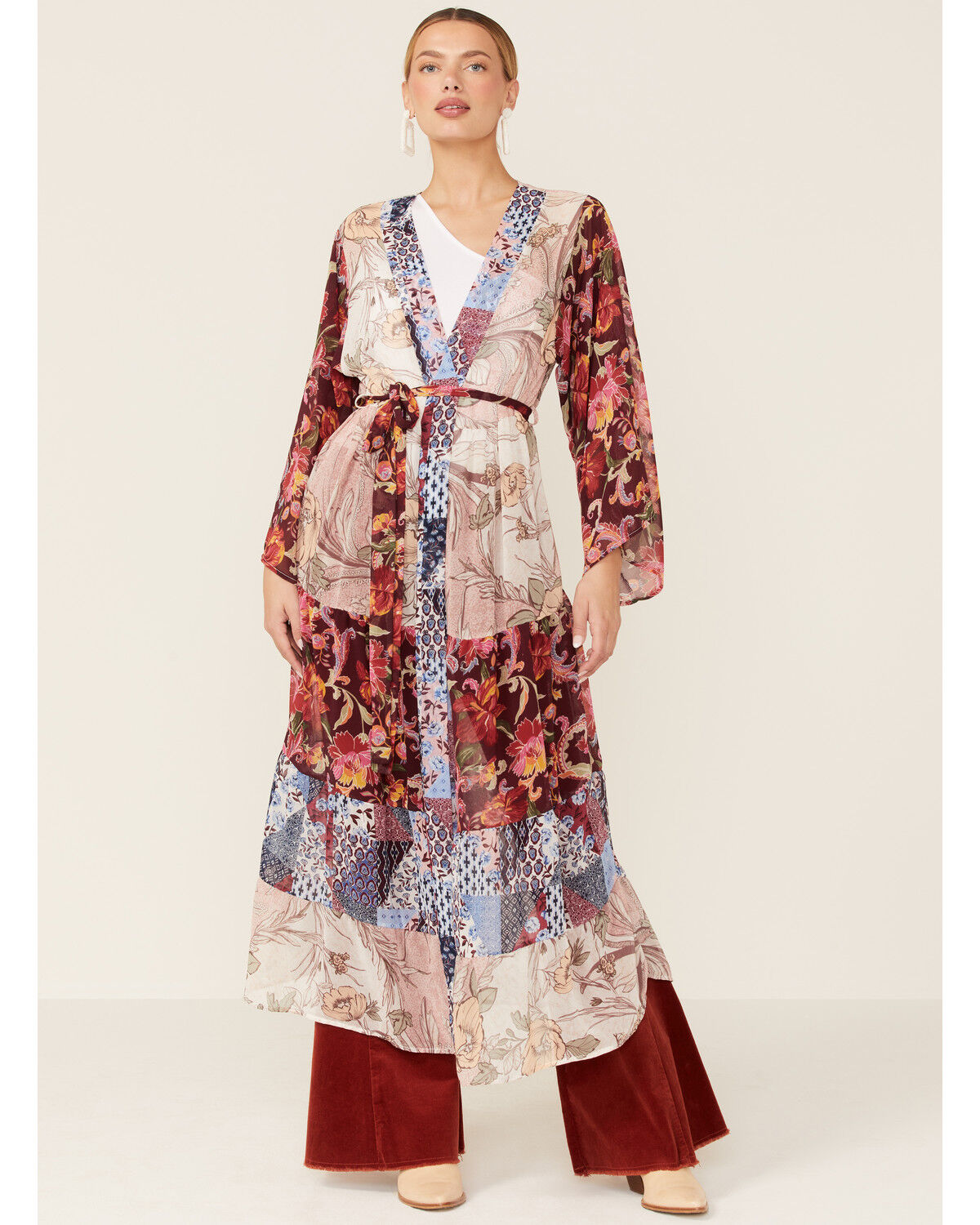 Image #1 - LaBiz Women's Navy & Burgundy Floral Long Kimono, Navy, hi-res