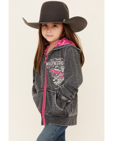 Cowgirl Hardware Girls' Charcoal Wild & Free Zip-Up Hooded Sweatshirt , Charcoal, hi-res