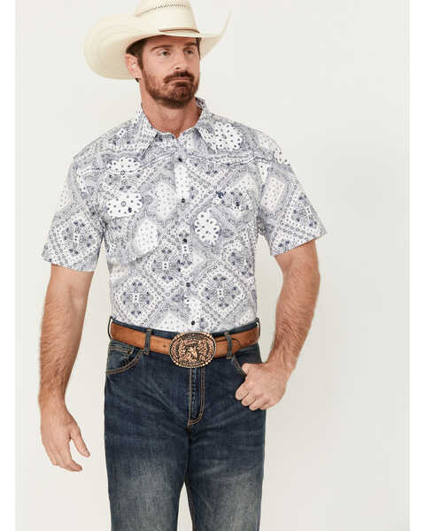 Cowboy Hardware Men's Bandana Print Short Sleeve Pearl Snap Western Shirt , White, hi-res