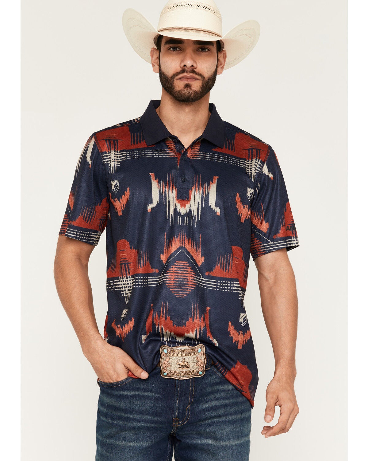 RANK 45&reg; Men's Hokey Southwestern Print Short Sleeve Button-Down Polo Shirt, Blue, hi-res