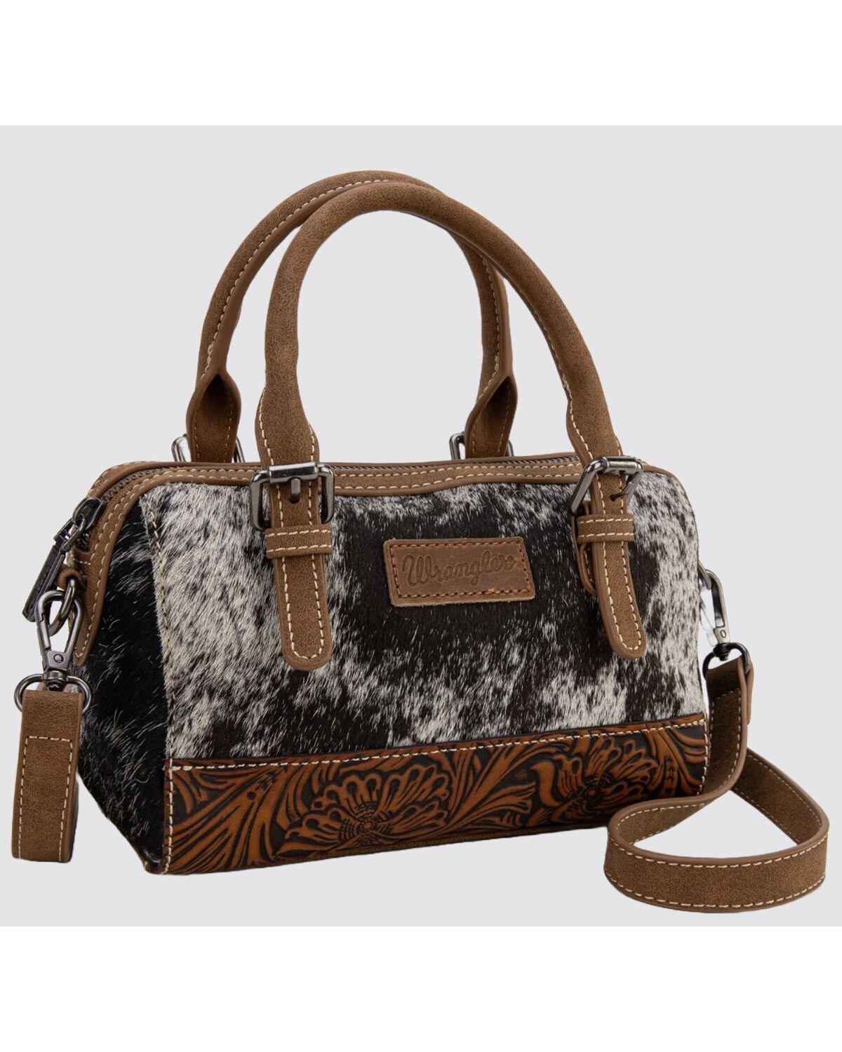 Image #2 - Wrangler Women's Genuine Cowhide Tooled Barrel Crossbody Bag, Brown, hi-res