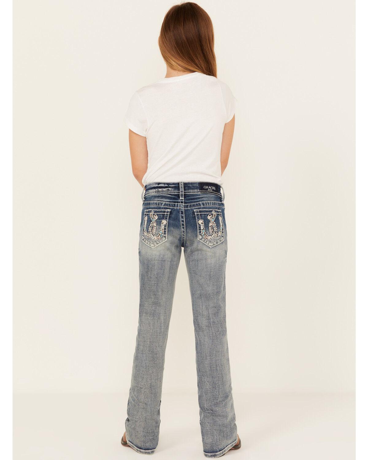 Image #1 - Grace In LA Girls' Double Horseshoe Embroidered Bootcut Stretch Denim Jeans, Blue, hi-res