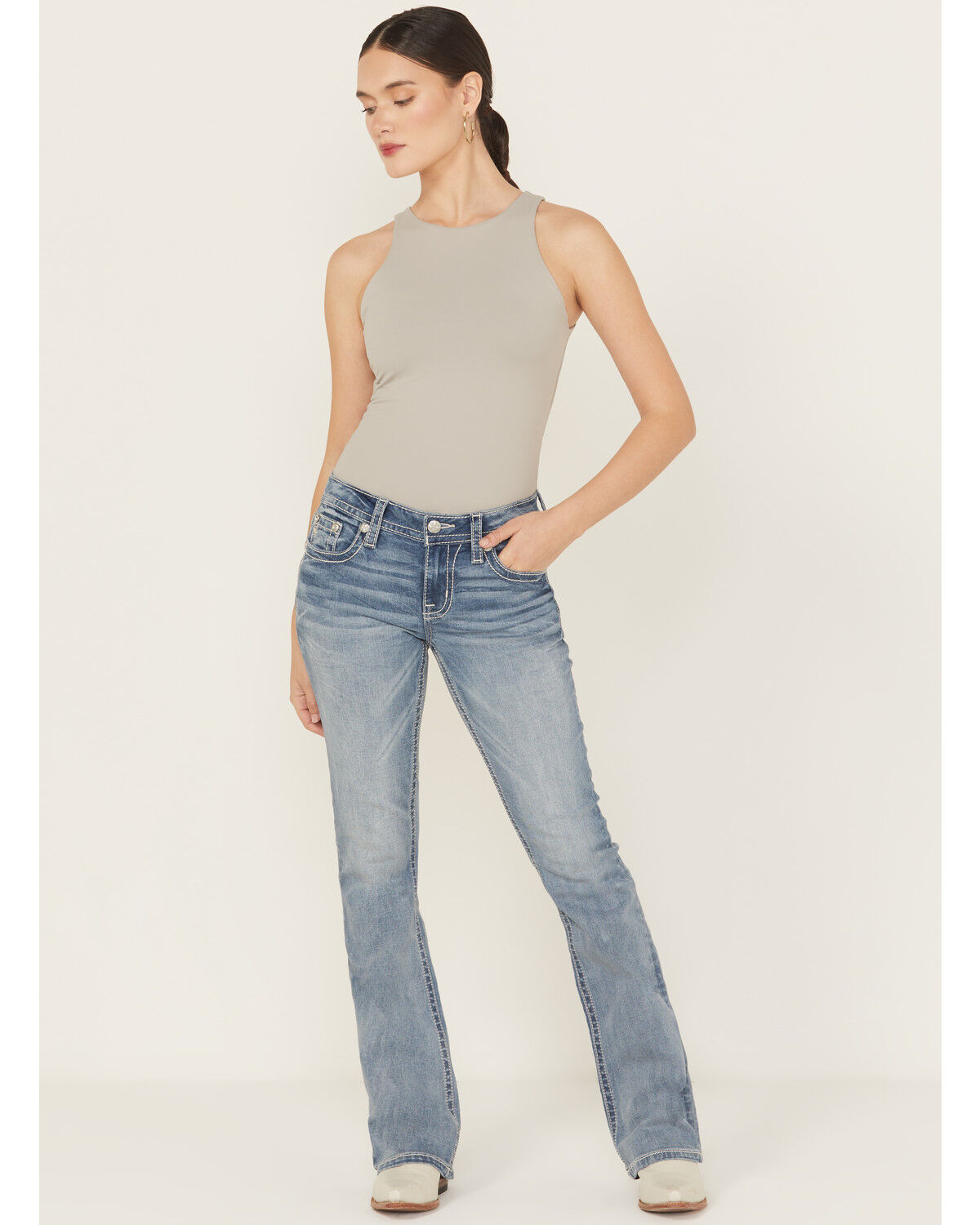 Image #3 - Miss Me Women's Medium Wash Mid Rise Bootcut Stretch Denim Jeans, Medium Wash, hi-res