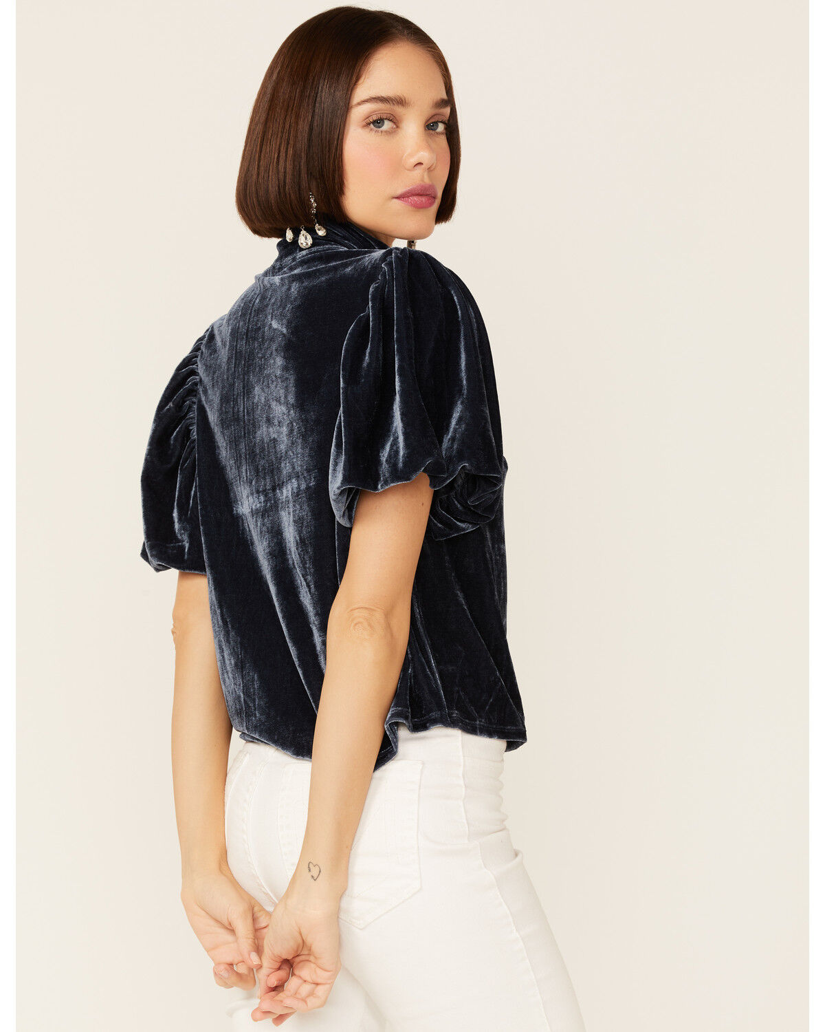 Image #3 - Free People Women's Velvet Knit Claudia Puff Short Sleeve Tee, Navy, hi-res