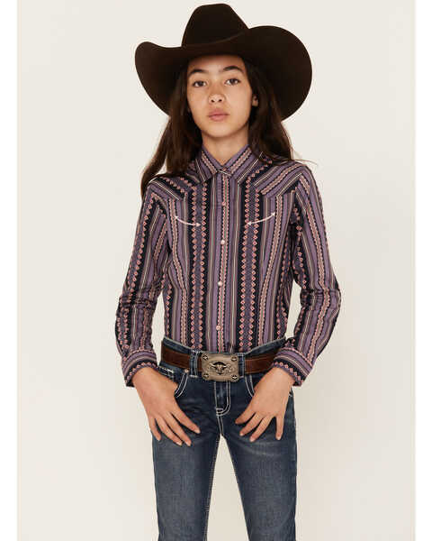 Cruel Girl Girls' Wallpaper Stripe Print Long Sleeve Western Pearl Snap Shirt, Purple, hi-res