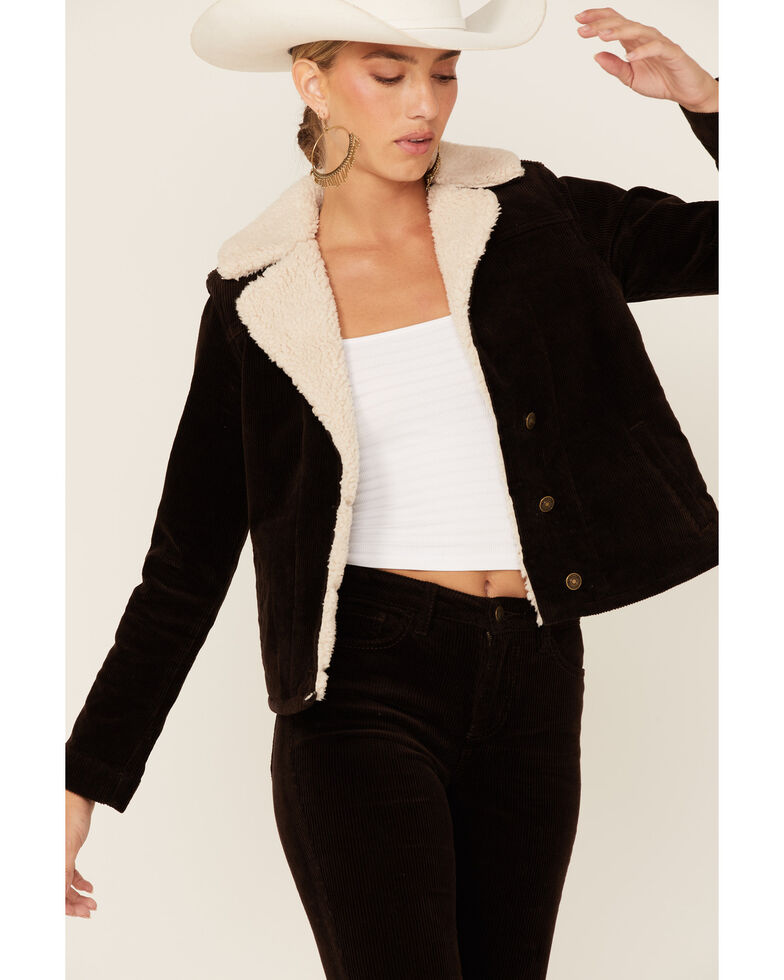 Shyanne Women's Dark Brown Cord Sherpa Button-Front Moto Jacket , Dark Brown, hi-res