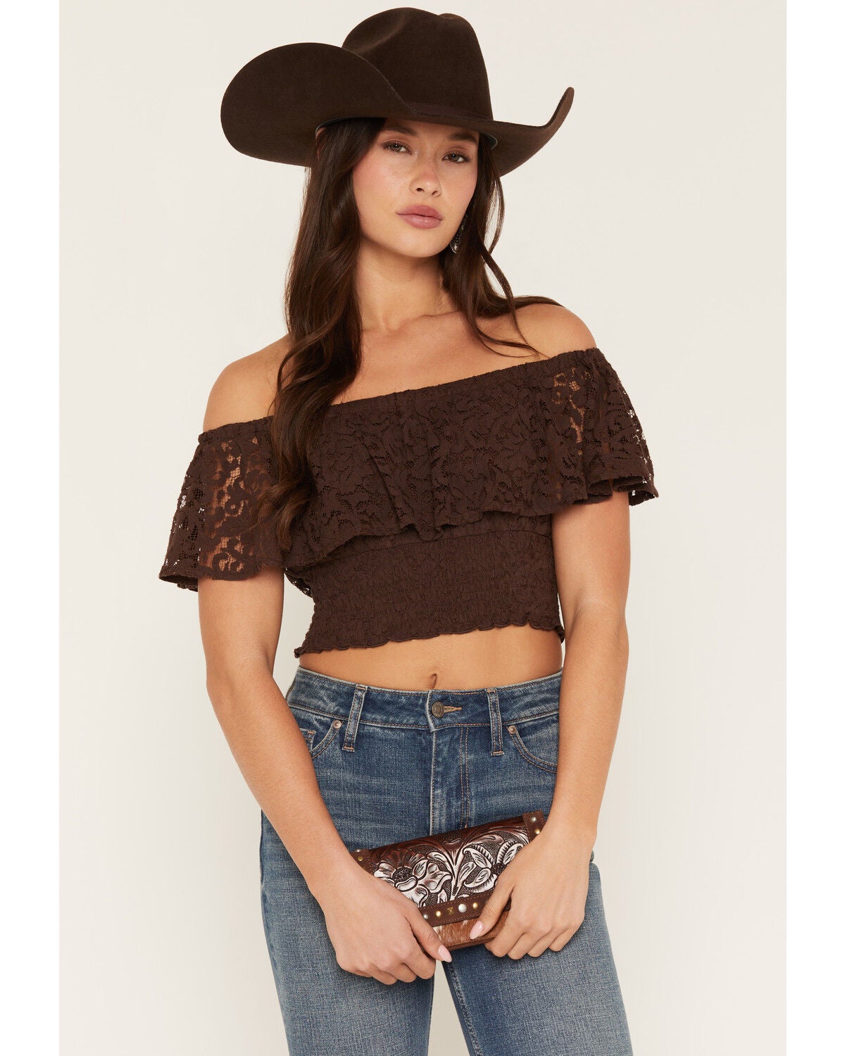 Image #2 - Shyanne Women's Loxley Cropped Lace Top, Cognac, hi-res