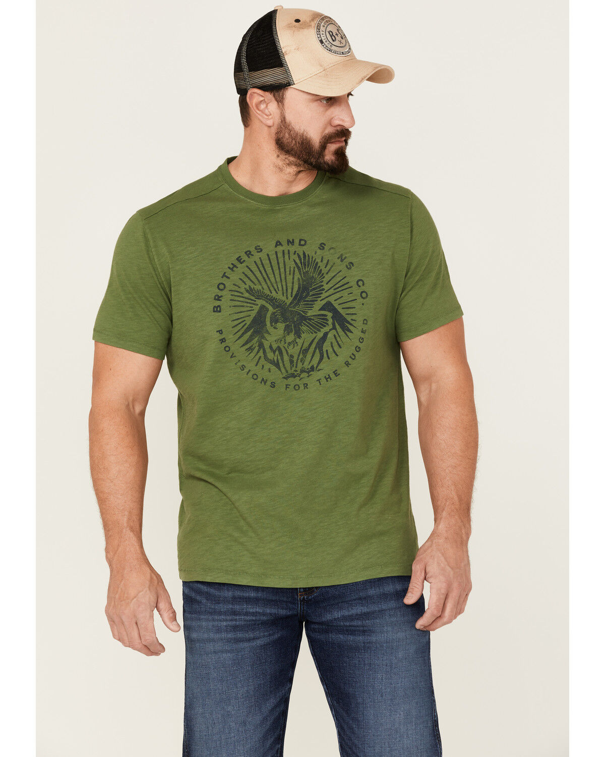 Image #1 - Brothers and Sons Men's Eagle Slub Circle Graphic T-Shirt, Green, hi-res