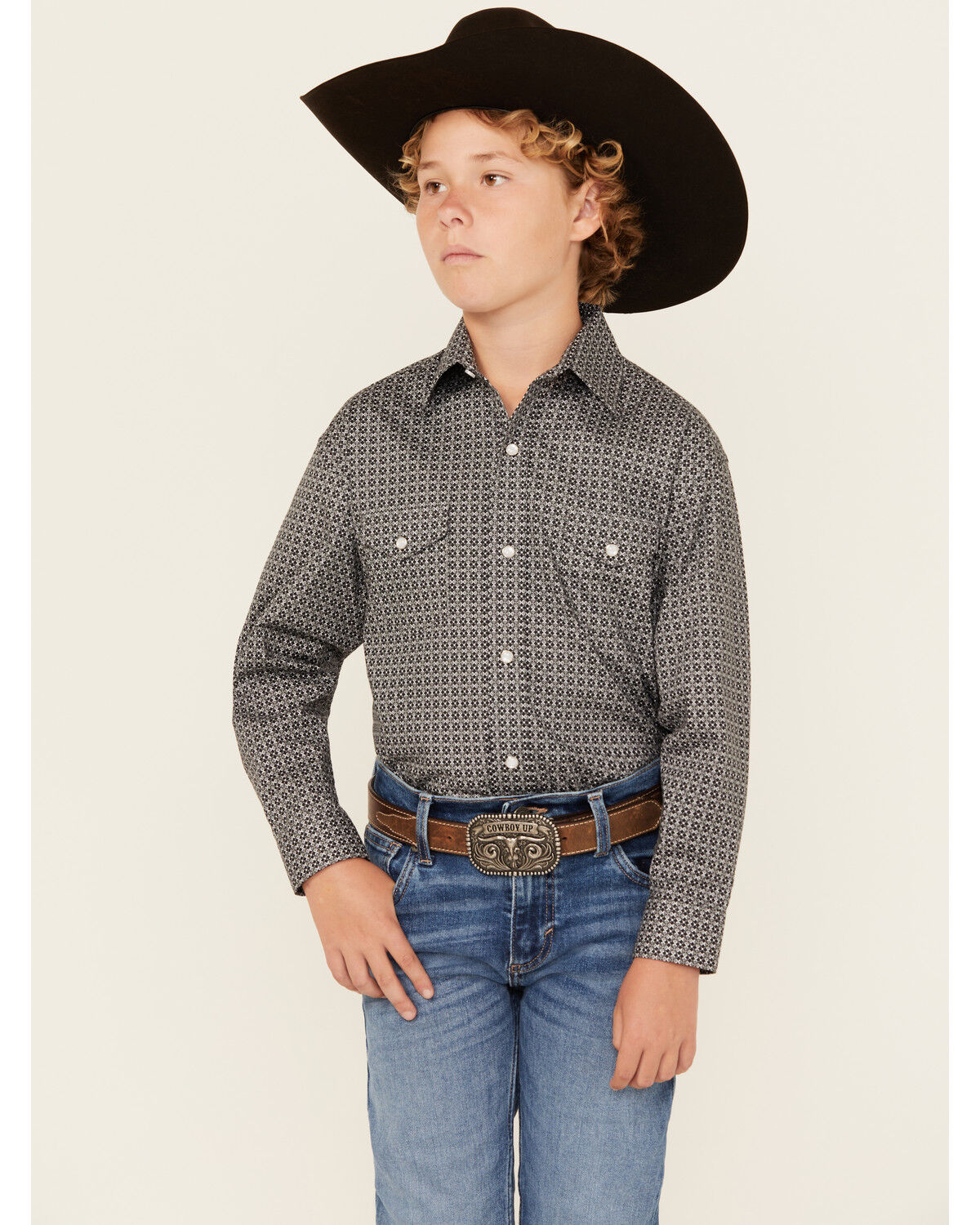 Image #1 - Panhandle Boys' Geo Print Long Sleeve Snap Western Shirt, Black, hi-res