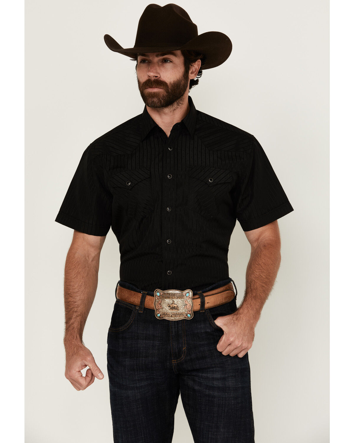 Image #1 - Rodeo Clothing Men's Tonal Satin Striped Short Sleeve Pearl Snap Western Shirt, Black, hi-res