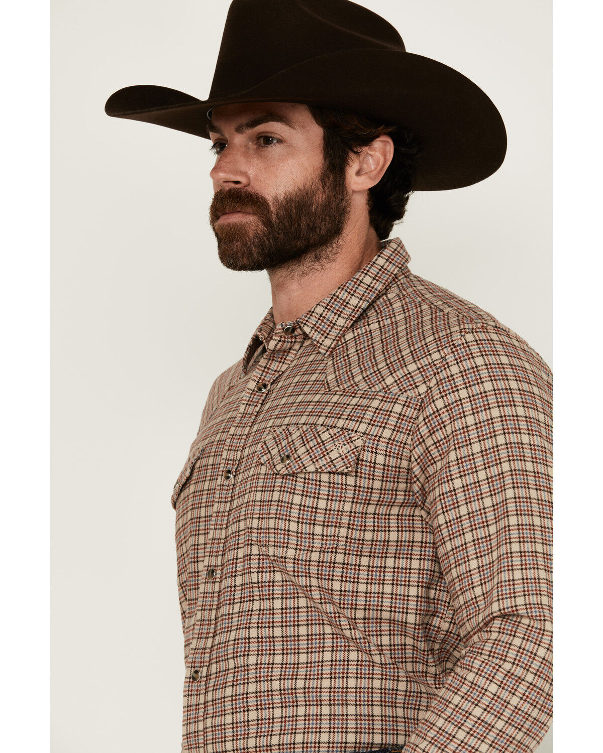 Image #2 - Blue Ranchwear Men's Euclid Plaid Print Long Sleeve Snap Western Shirt, Tan, hi-res