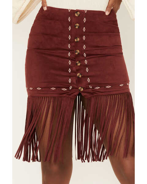 Image #2 - Shyanne Women's Embroidered Southwestern Fringe Mini Skirt, Wine, hi-res