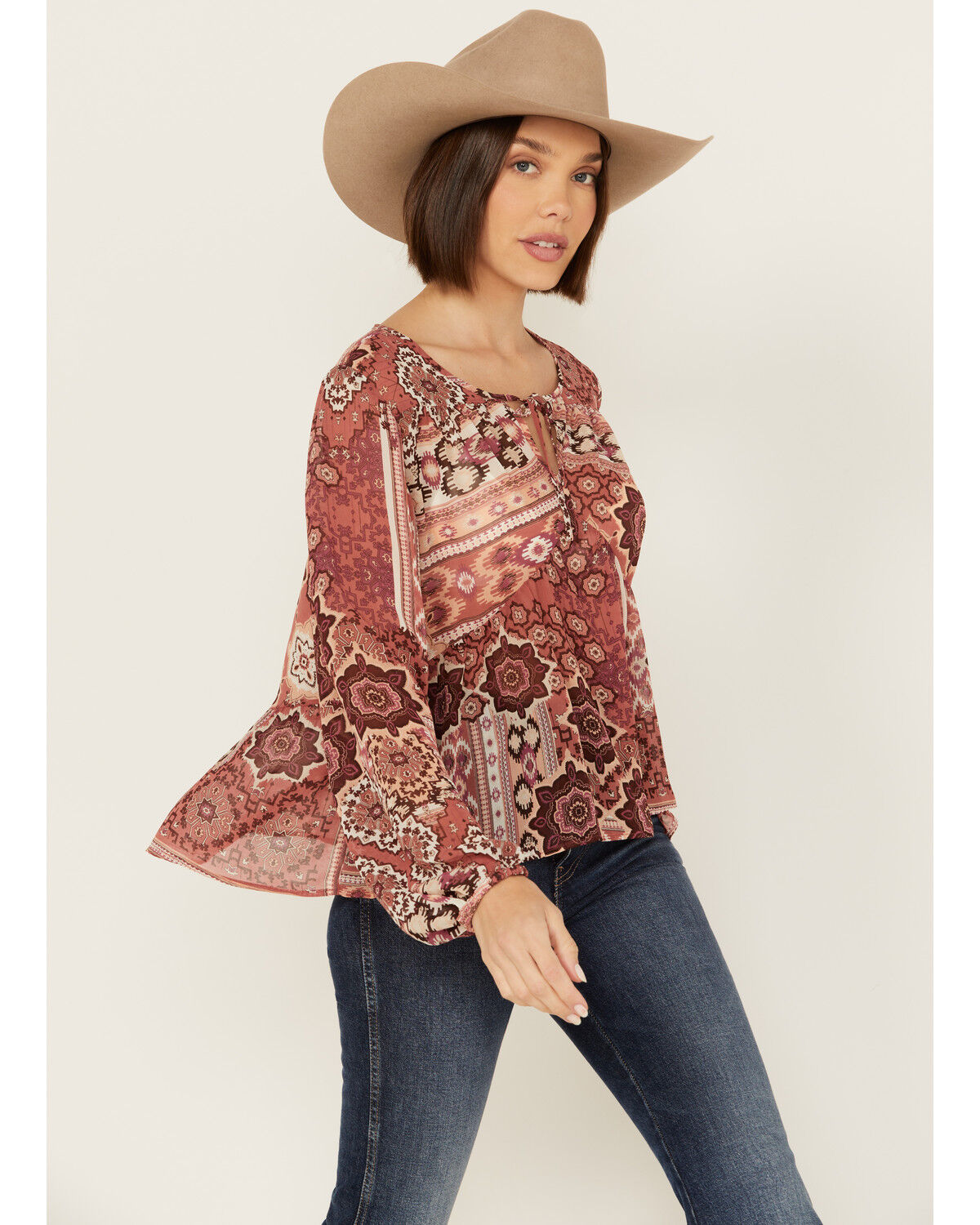 Image #1 - Shyanne Women's Printed Chiffon Long Sleeve Peasant Top, Rust Copper, hi-res