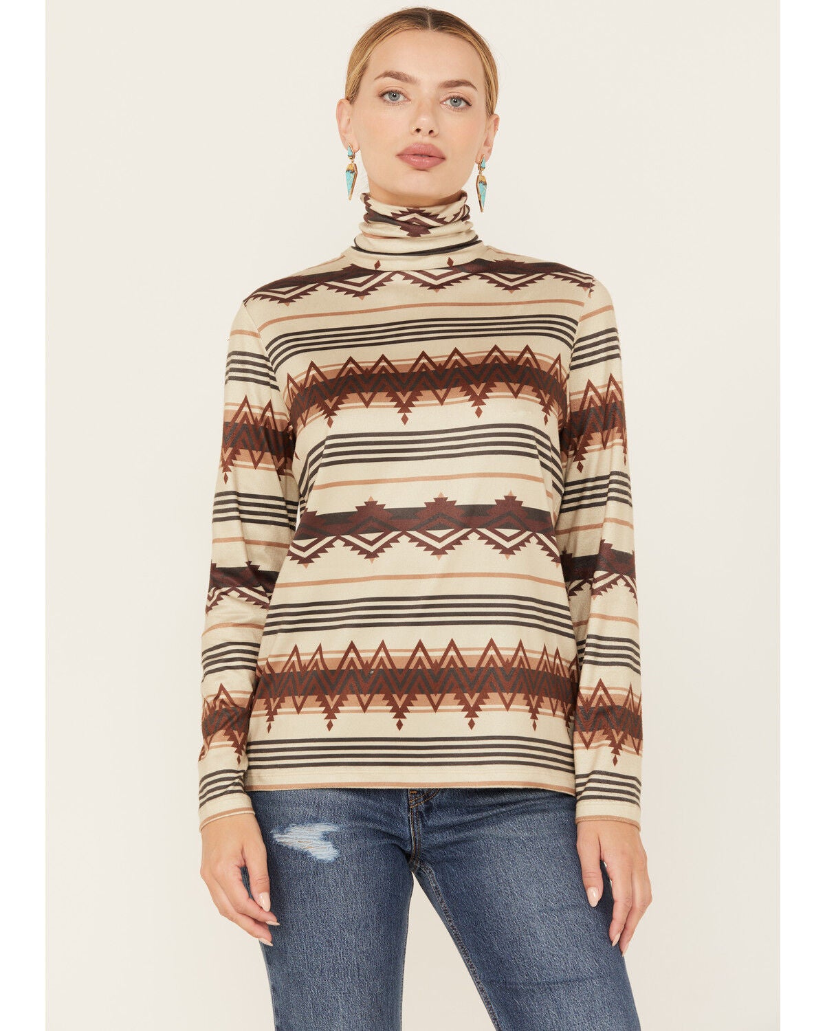 Tasha Polizzi Women's Zuri Southwestern Print Long Sleeve Turtleneck Top, Tan, hi-res