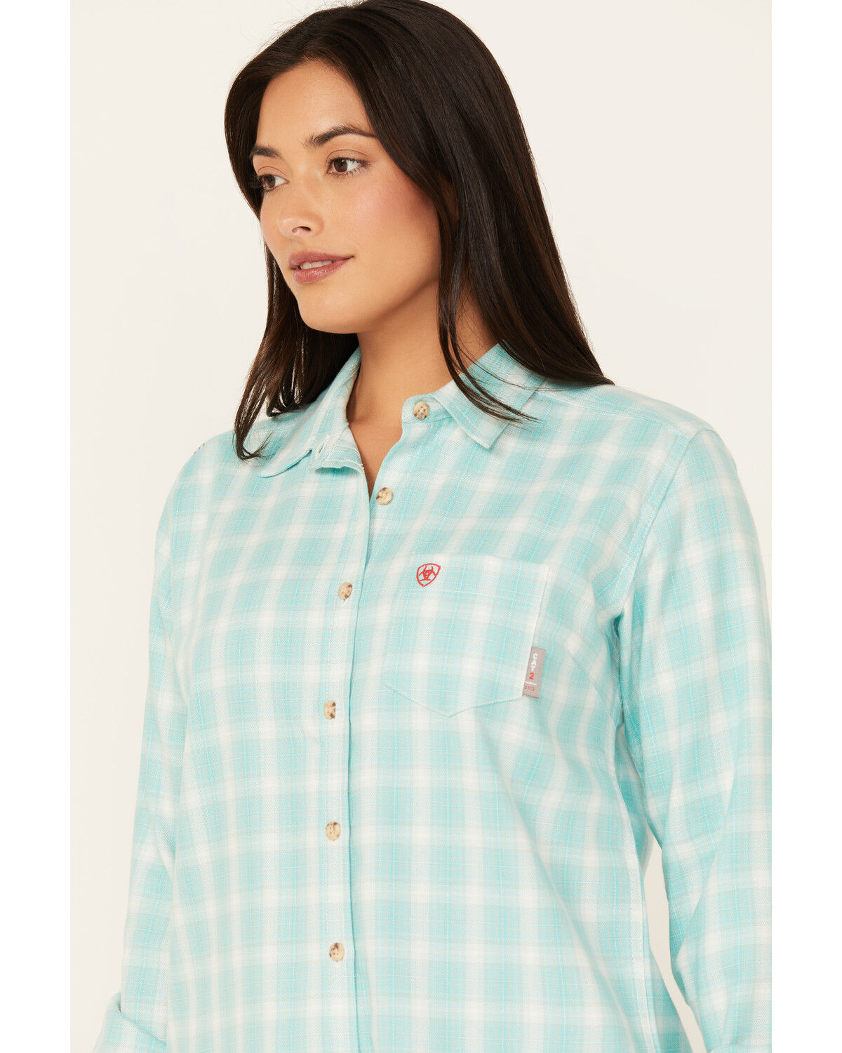 Image #2 - Ariat Women's FR Catalina Plaid Print Long Sleeve Button-Down Work Shirt, Turquoise, hi-res