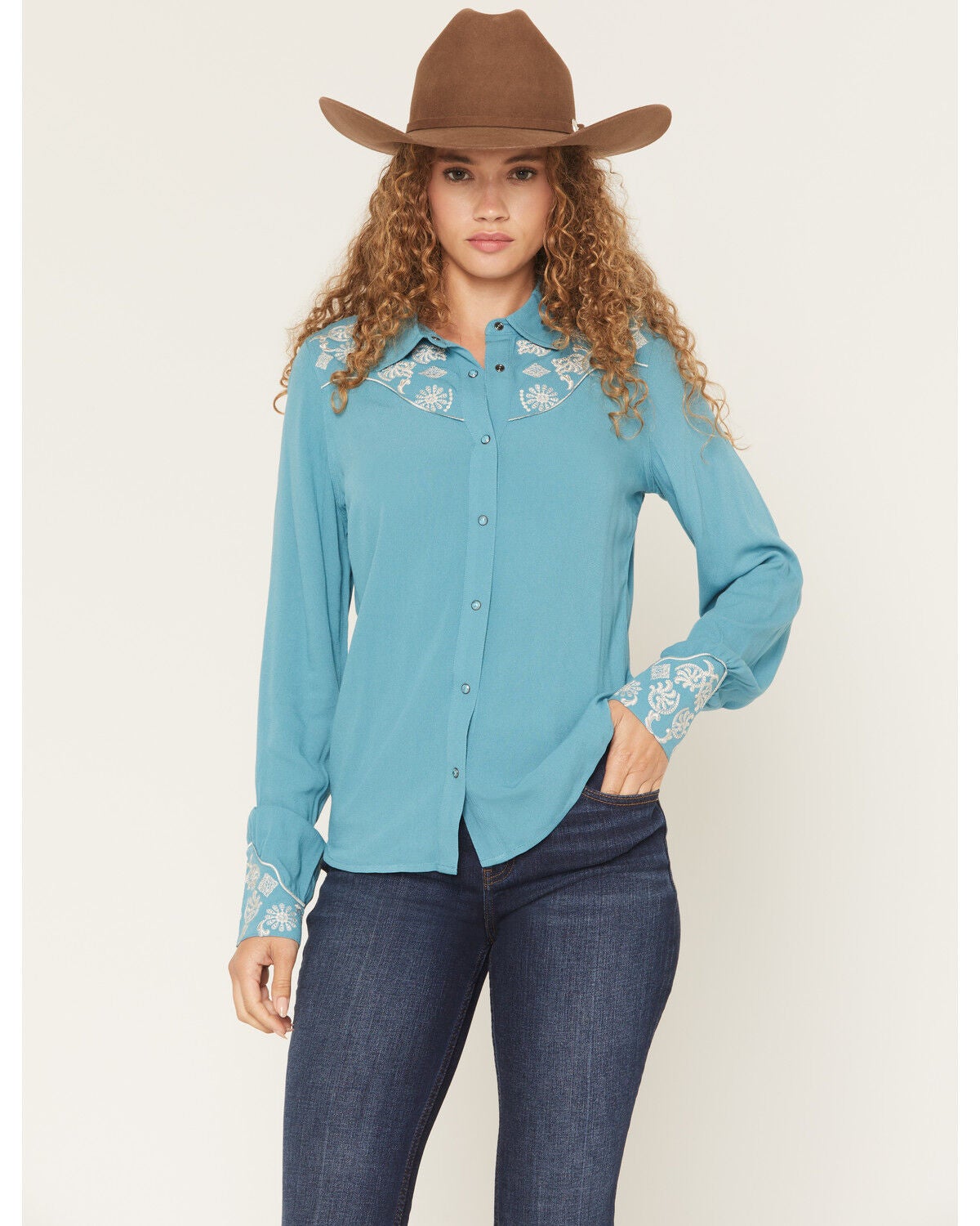 Shyanne Women's Bluespruce Embroidered Long Sleeve Snap Western Shirt, Turquoise, hi-res