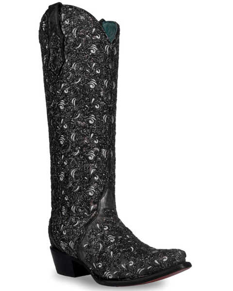 Corral Women's Glitter Tall Western Boots - Snip Toe , Black, hi-res