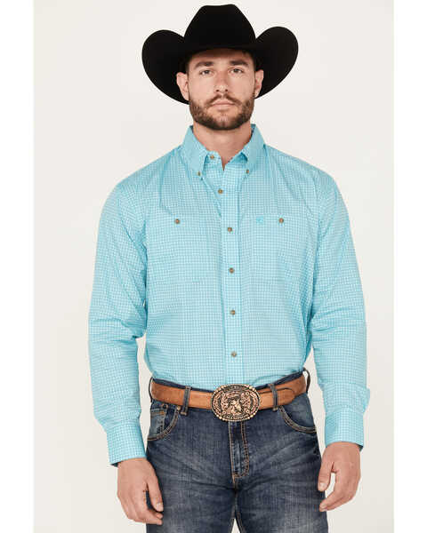 George Strait by Wrangler Men's Geo Print Long Sleeve Button-Down Western Shirt - Big , Turquoise, hi-res