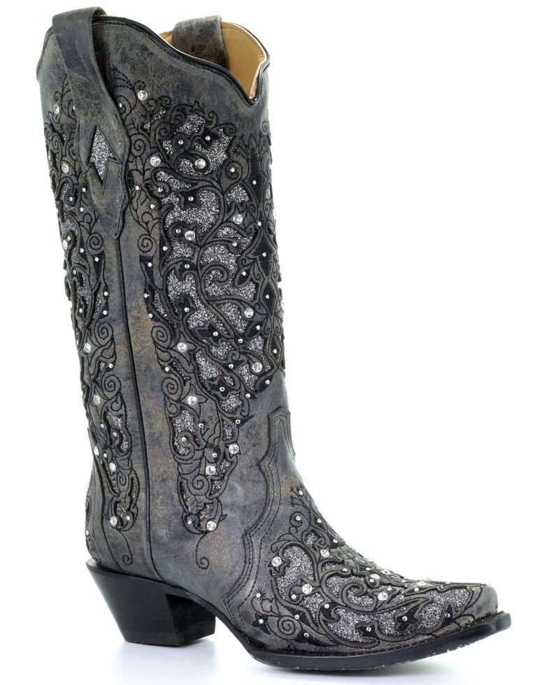 Corral Women's Grey Inlay Flower Embroidery Western Boots - Snip Toe, Black, hi-res