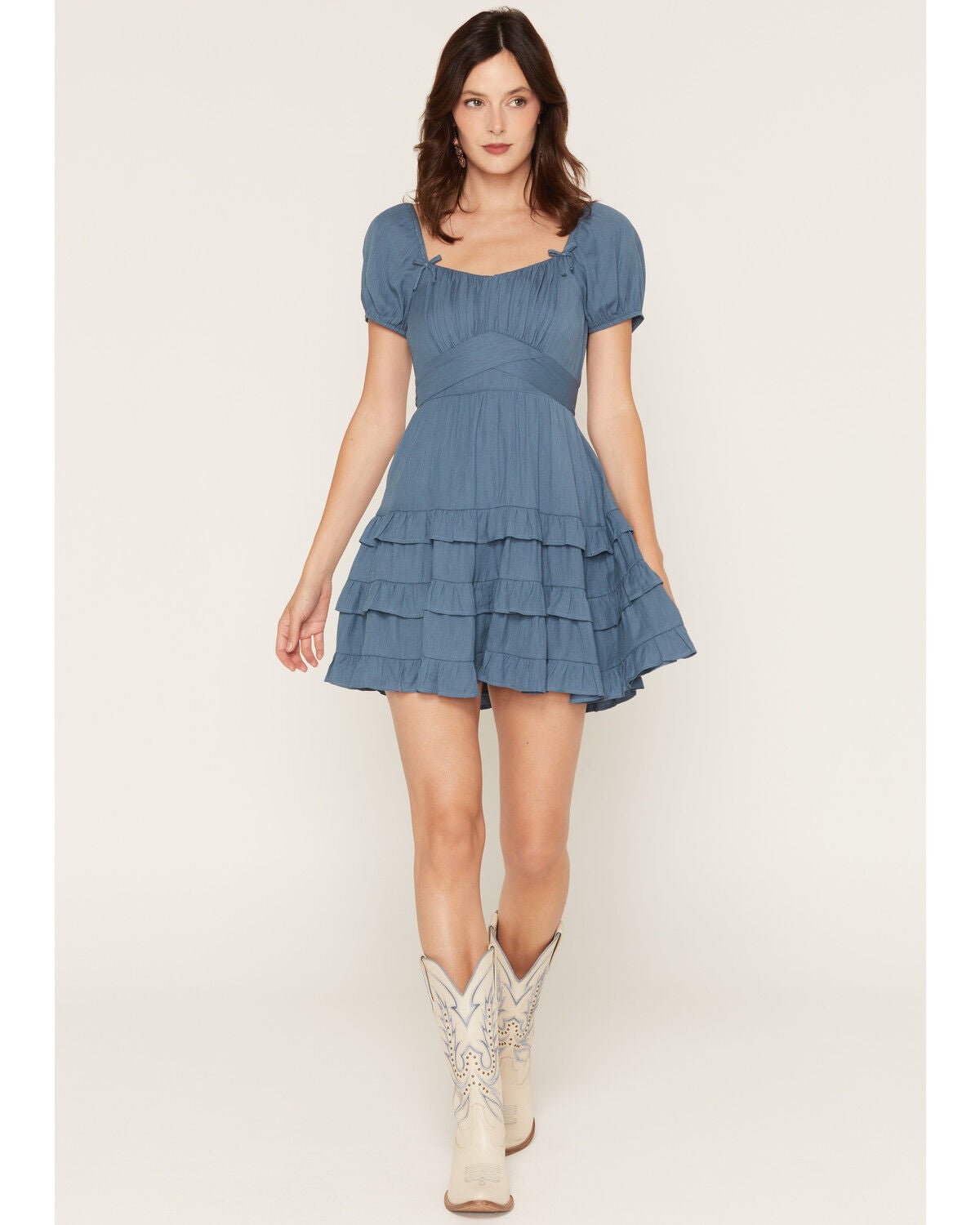 Ash & Violet Women's Bow Trim Short Sleeve Mini Dress, Teal, hi-res