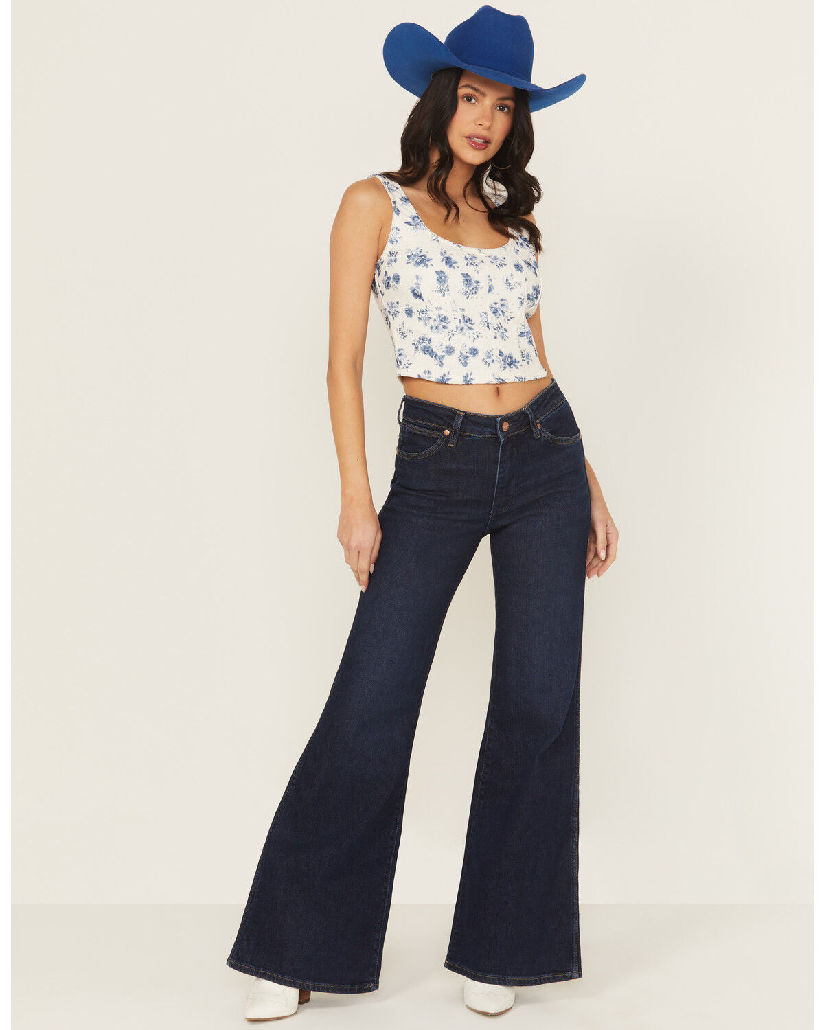 Image #1 - Wrangler Women's Dark Wash Mid Rise Weathered Rinse Heritage Flare Stretch Denim Jeans, Dark Wash, hi-res