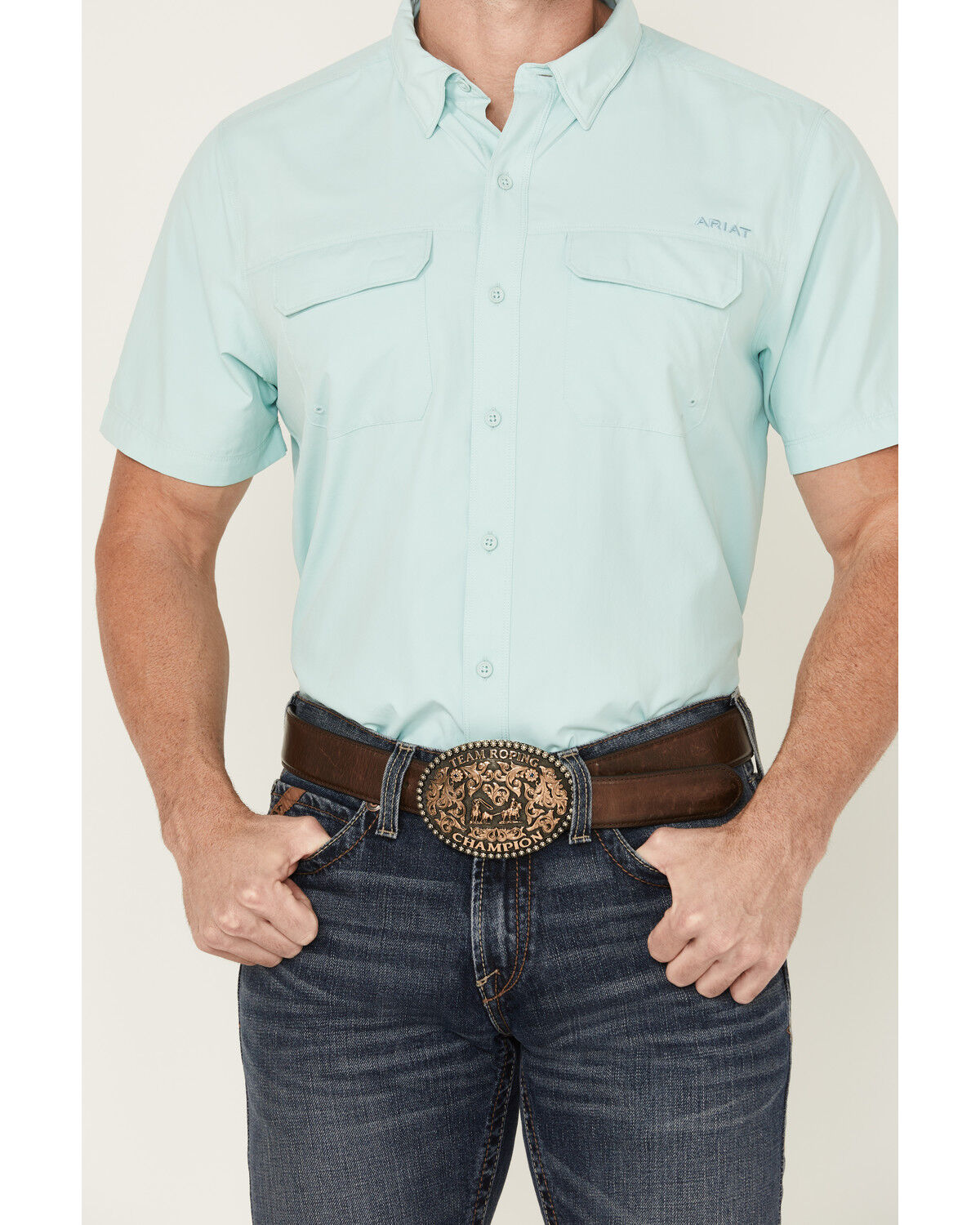 Image #3 - Ariat Men's VentTEK Outbound Solid Short Sleeve Button-Down Performance Shirt, Teal, hi-res