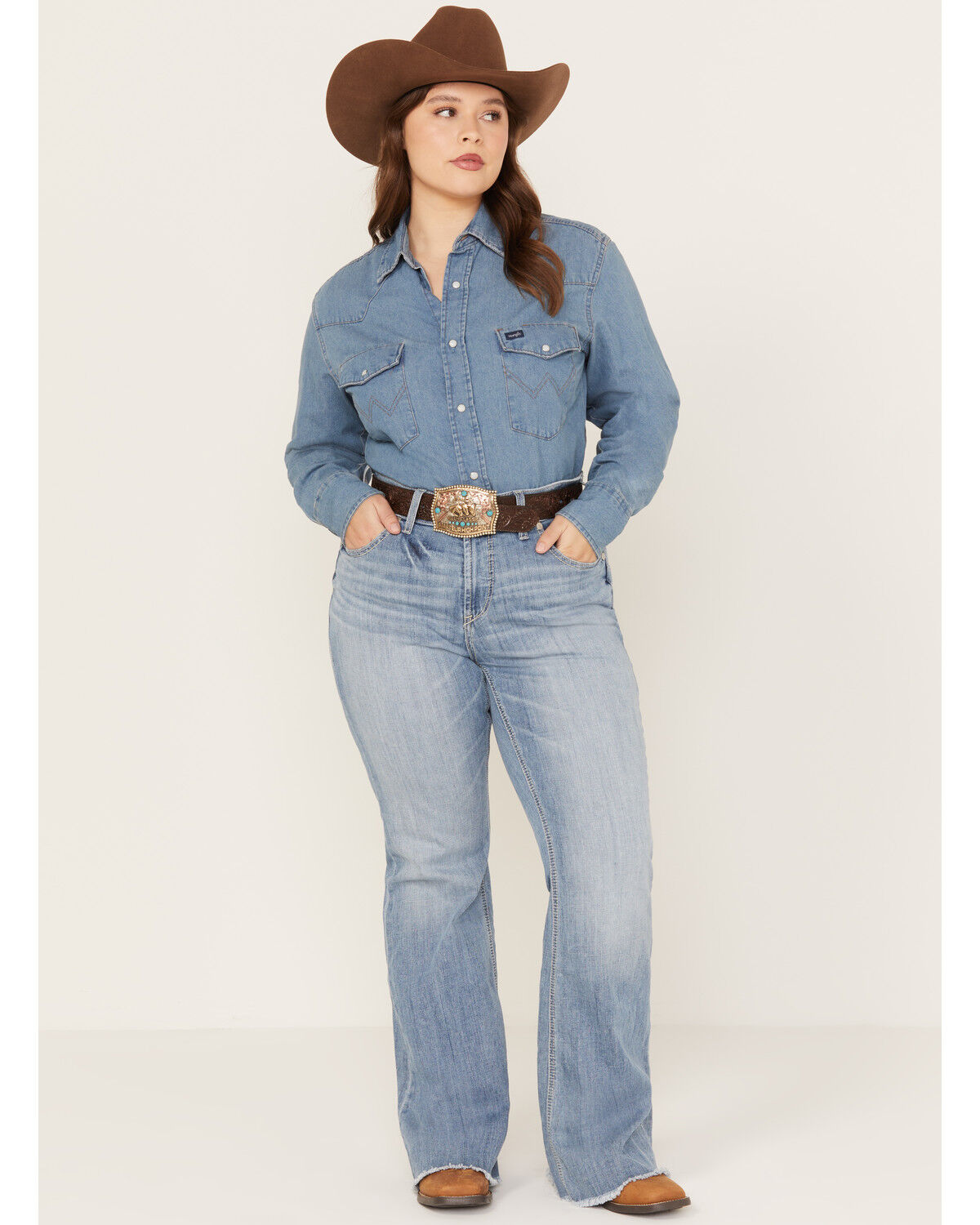 Image #1 - Ariat Women's R.E.A.L. Light Wash Mid Rise Regina Flare Jeans - Plus, Blue, hi-res