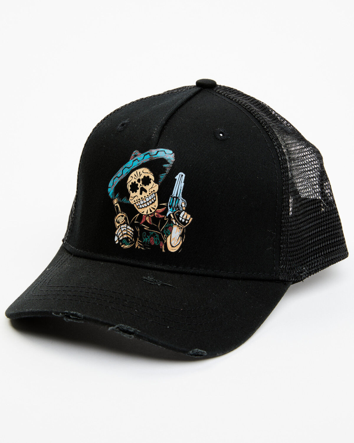 Image #1 - Moonshine Spirit Men's Distressed Whiskey Sombrero Skull Pistol Graphic Mesh Back Ball Cap, Black, hi-res