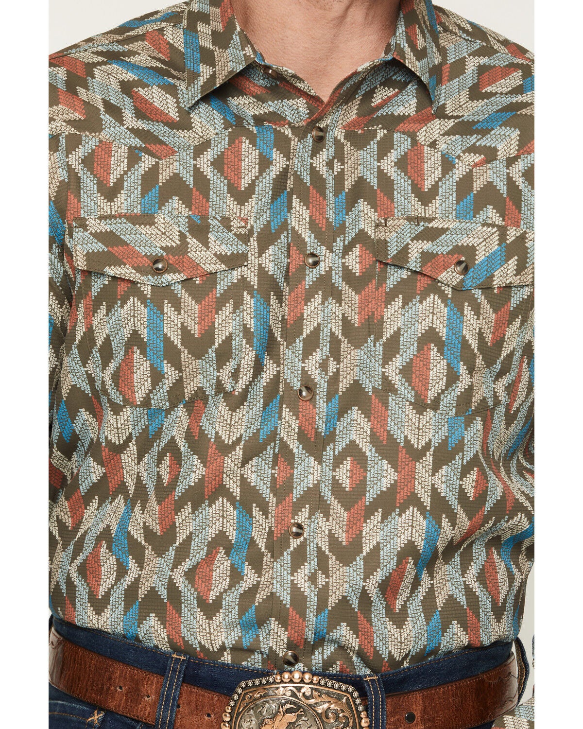 Image #3 - RANK 45&reg; Men's TEK Tracker Geo Print Long Sleeve Snap Performance Western Shirt, Brown, hi-res