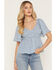 Image #1 - Yura Women's Boot Barn Exclusive Floral Print Smocked Front Short Sleeve Top, Blue, hi-res