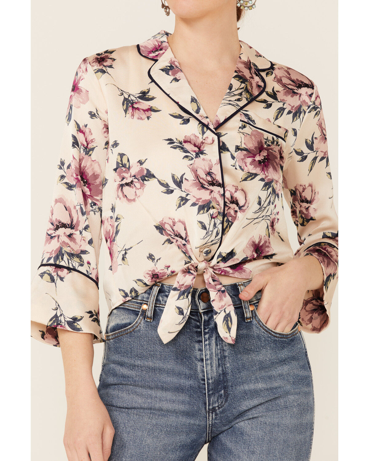 Image #2 - June & Hudson Women's Long Sleeve Satin Floral Tie Front Shirt, Cream, hi-res