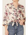 Image #2 - June & Hudson Women's Long Sleeve Satin Floral Tie Front Shirt, Cream, hi-res