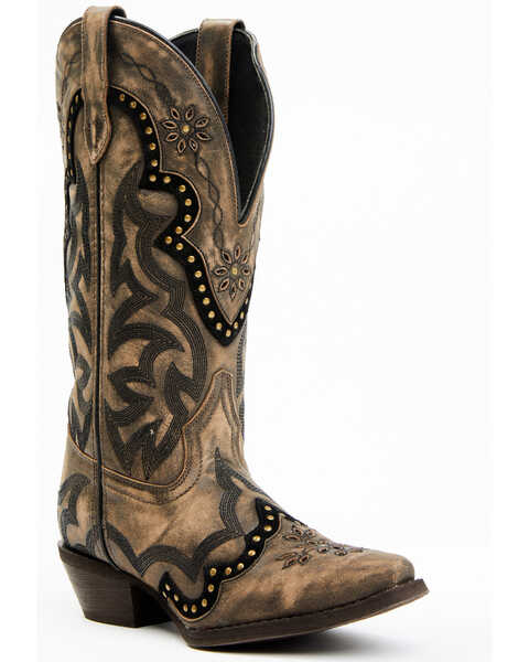 Laredo Women's Skyla Floral Embroidered & Studded Western Performance Boots - Snip Toe , Dark Brown, hi-res