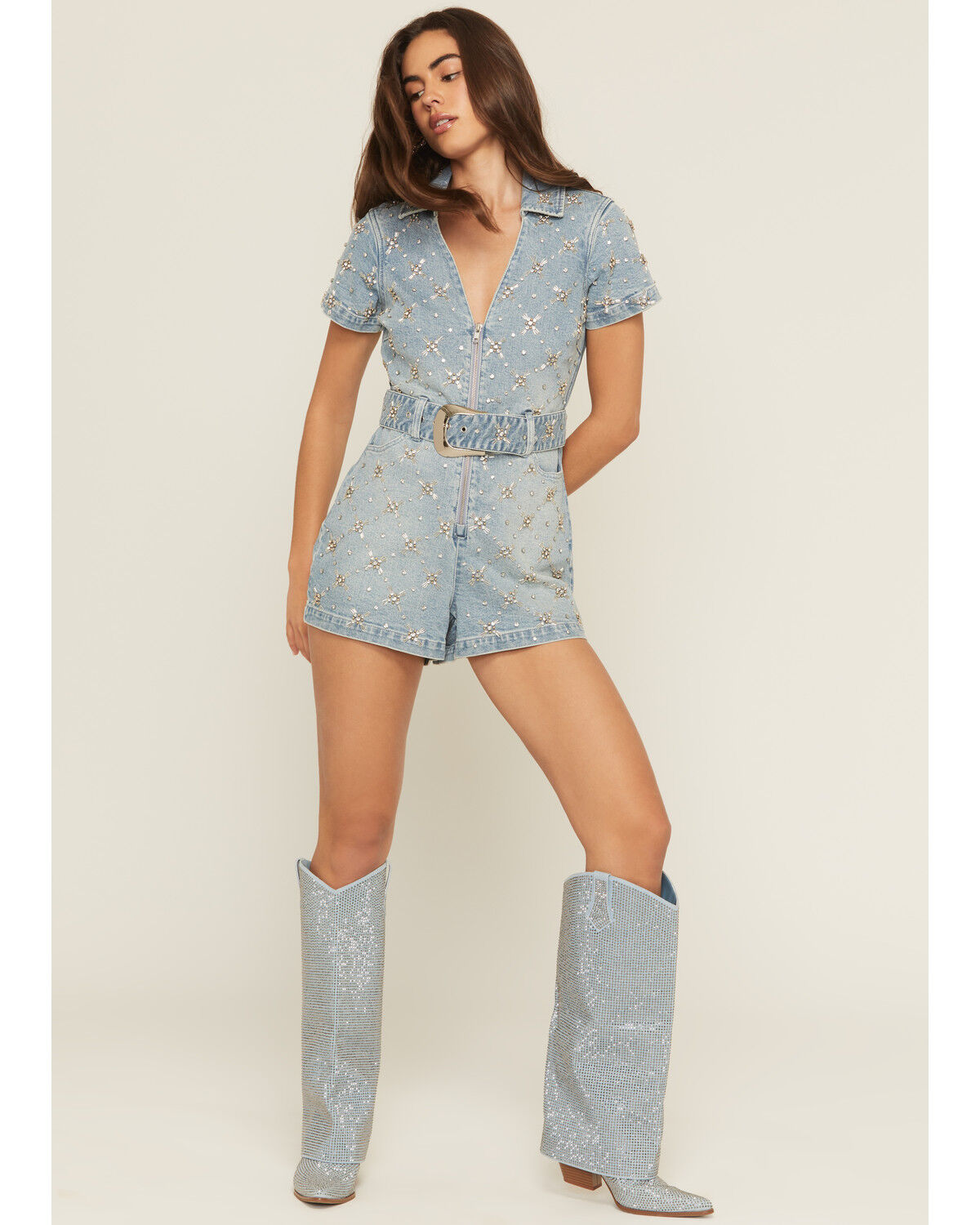 Image #1 - Show Me Your Mumu Women's Medium Wash Dolly Embellished Short Sleeve Denim Romper, Medium Wash, hi-res