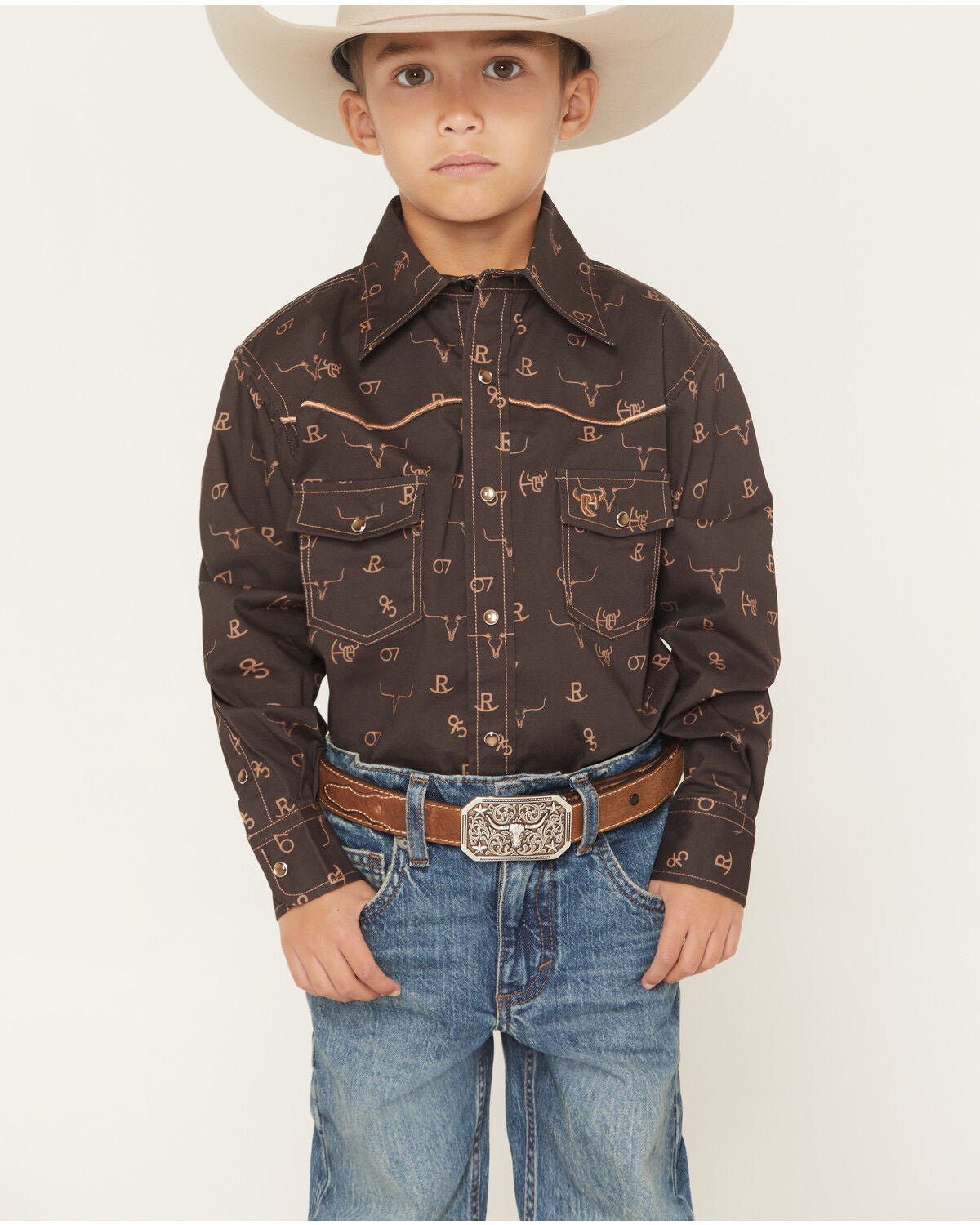 Cowboy Hardware Boys' Branding Iron Long Sleeve Snap Stretch Western Shirt, Brown, hi-res