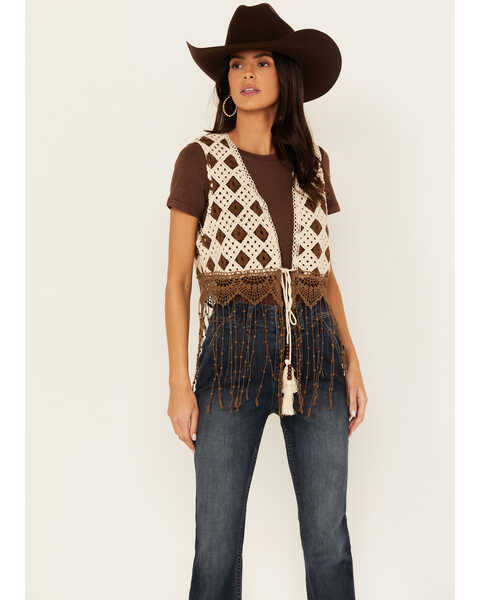 Miss Me Women's Crochet Fringe Vest , Cream, hi-res