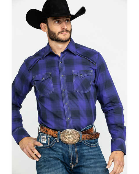 Rock 47 by Wrangler Men's Large Plaid Long Sleeve Western Shirt , Purple, hi-res